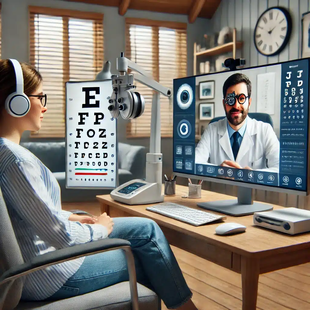 Illustration of a modern tele-optometry setup with a computer screen for a virtual consultation